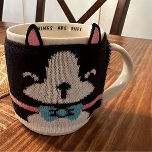 Mug with Boston Terrier sweater for mug. Inside of mug reads “mornings are ruff”